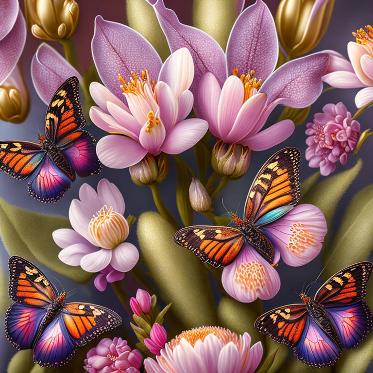 Colorful butterflies on pink flowers with golden accents on grey backdrop