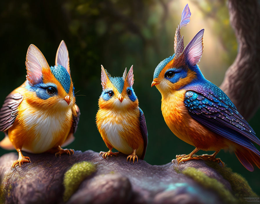 Colorful Birds Perched on Branch in Enchanted Forest