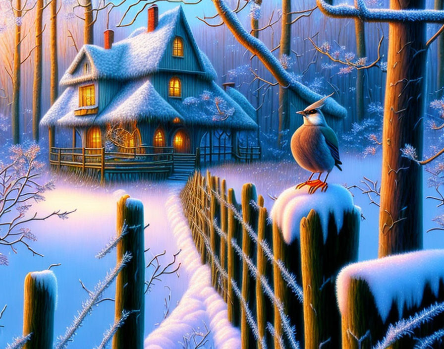 Snow-covered house with glowing windows, fence, and perched bird in winter scene