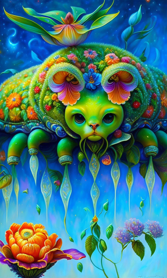 Colorful Fantasy Painting of Green Cat with Floral Decorations