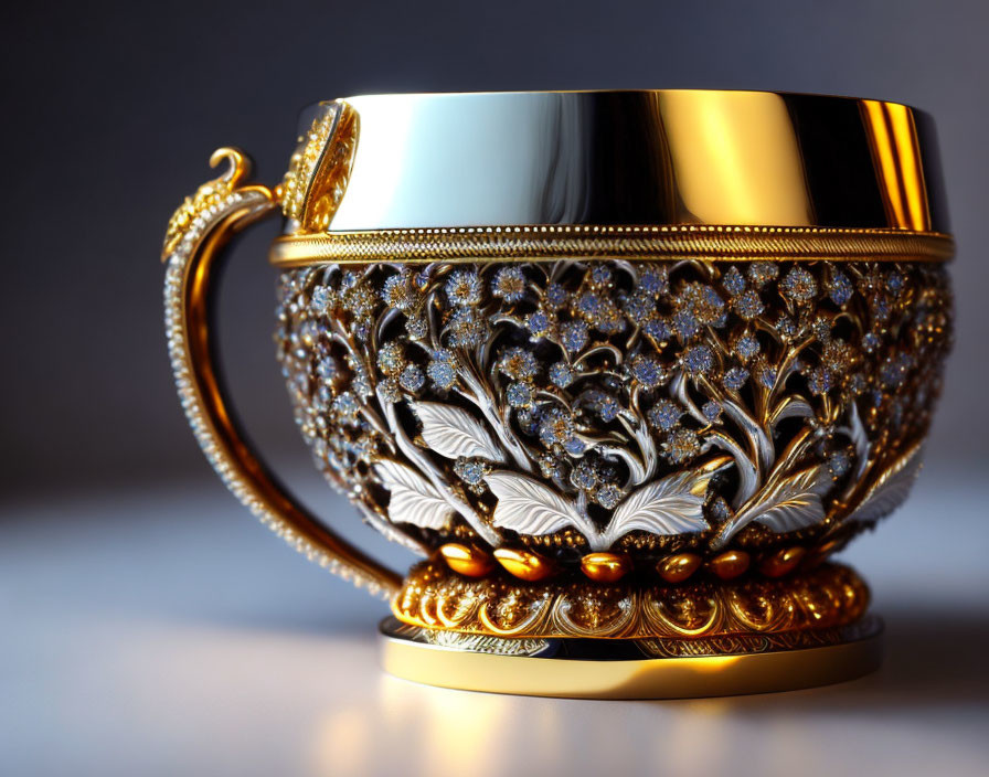 Intricate floral patterned golden cup with pearl embellishments