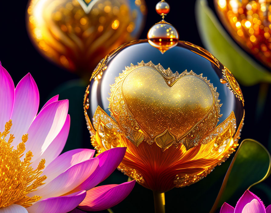 Colorful Heart-shaped Ornament Surrounded by Gold-trimmed Lotus Flowers