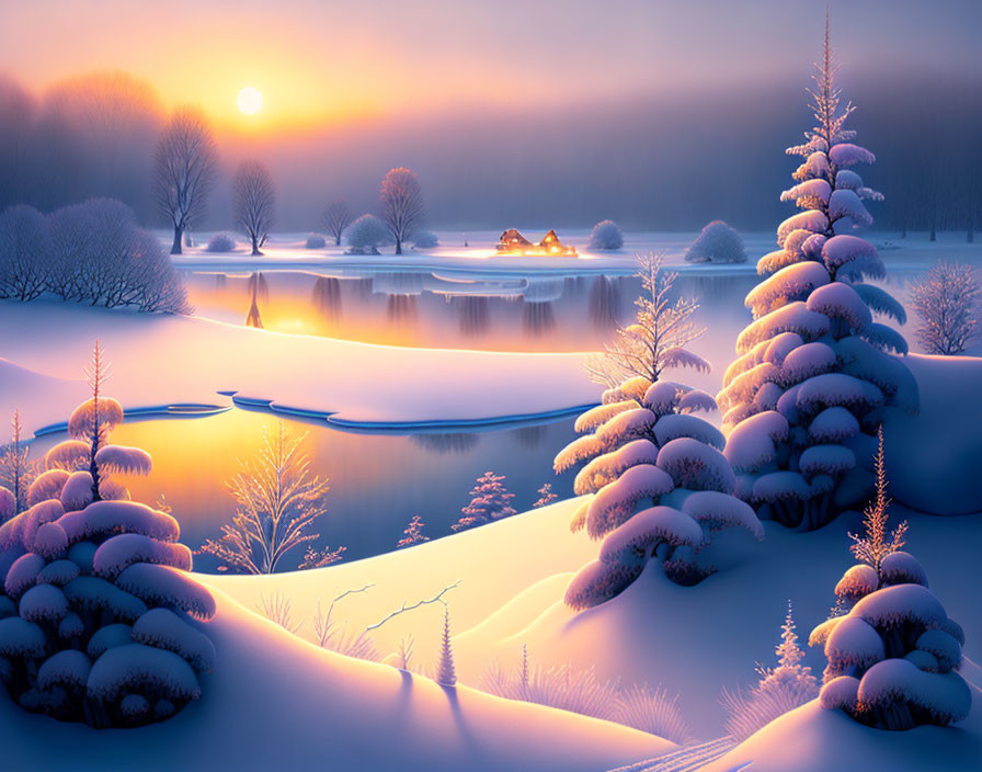 Snow-covered trees and river in serene winter landscape at sunset