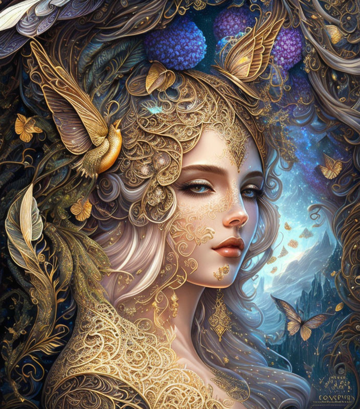 Fantasy portrait: Woman with golden skin patterns, butterflies, floral elements, starry background