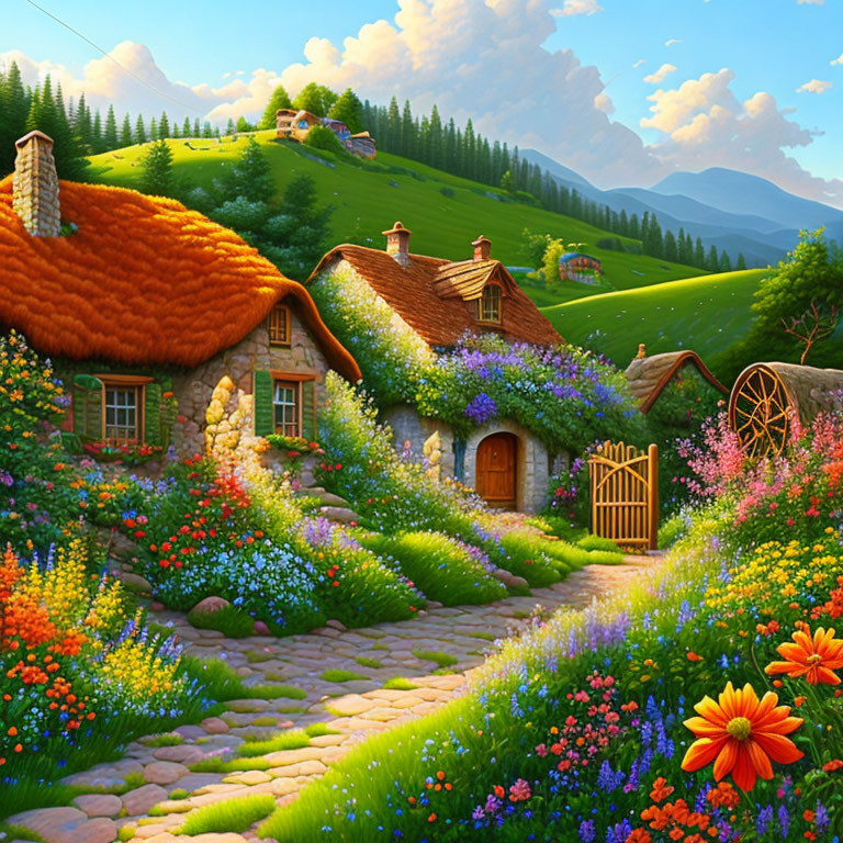 Picturesque countryside with stone cottages and colorful flowers in lush green setting.