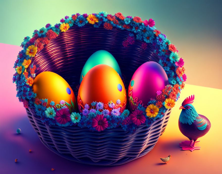 Vibrant Easter basket with eggs, flowers, and rooster