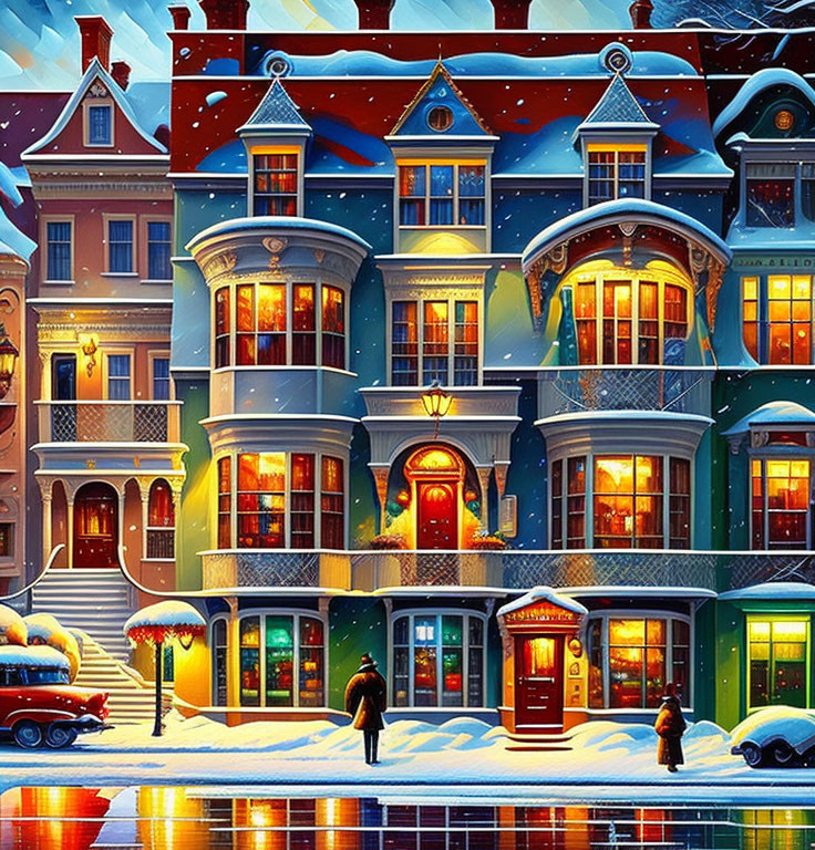 Victorian-style buildings with Christmas lights in snowy night scene