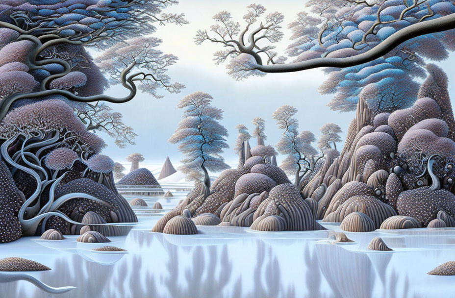 Surreal winter landscape with stylized trees and snowy hills