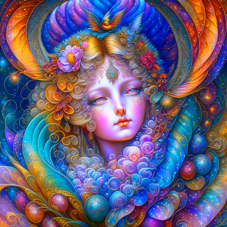 Colorful fantastical female figure with ornate patterns and floral elements.