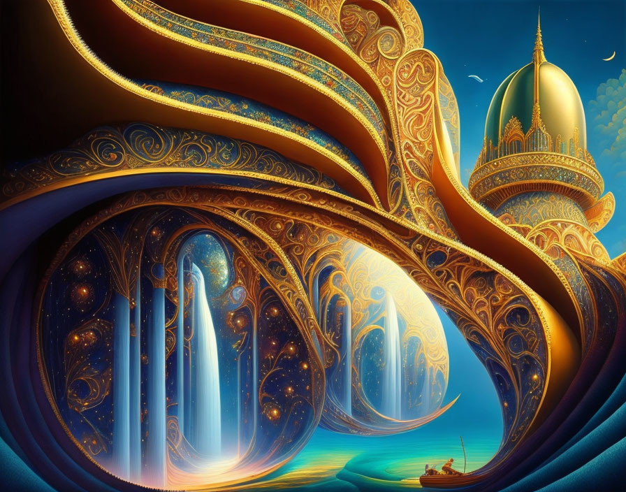 Digital Art: Swirling Golden Structure Under Starry Night Sky