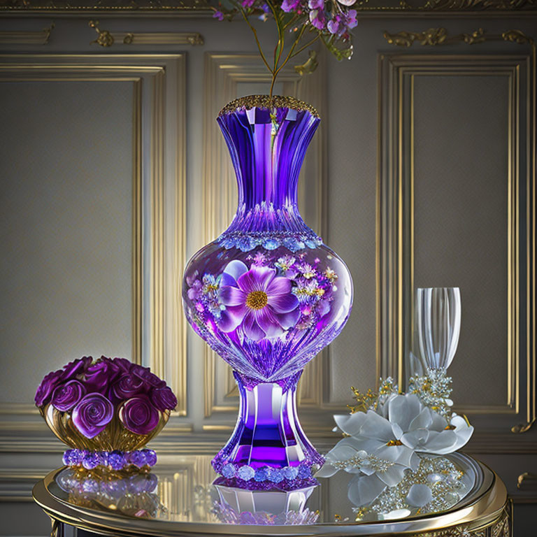 Purple Glass Vase with Floral Designs on Golden Table Against Framed Wall