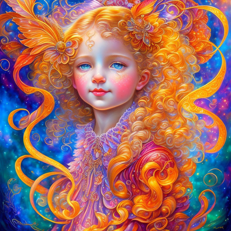 Colorful fantasy art: Young girl with orange hair and butterfly wings in cosmic setting