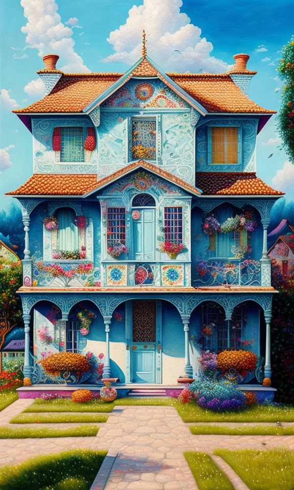 Blue two-story house with ornate balconies and flowering plants