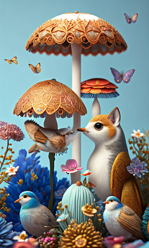 Colorful Illustration of Fox with Birds and Butterflies under Mushroom Umbrellas amid Vibrant Flora