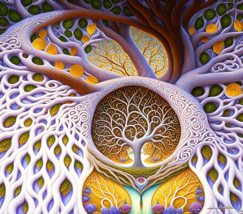 Colorful, swirling tree painting with intricate details