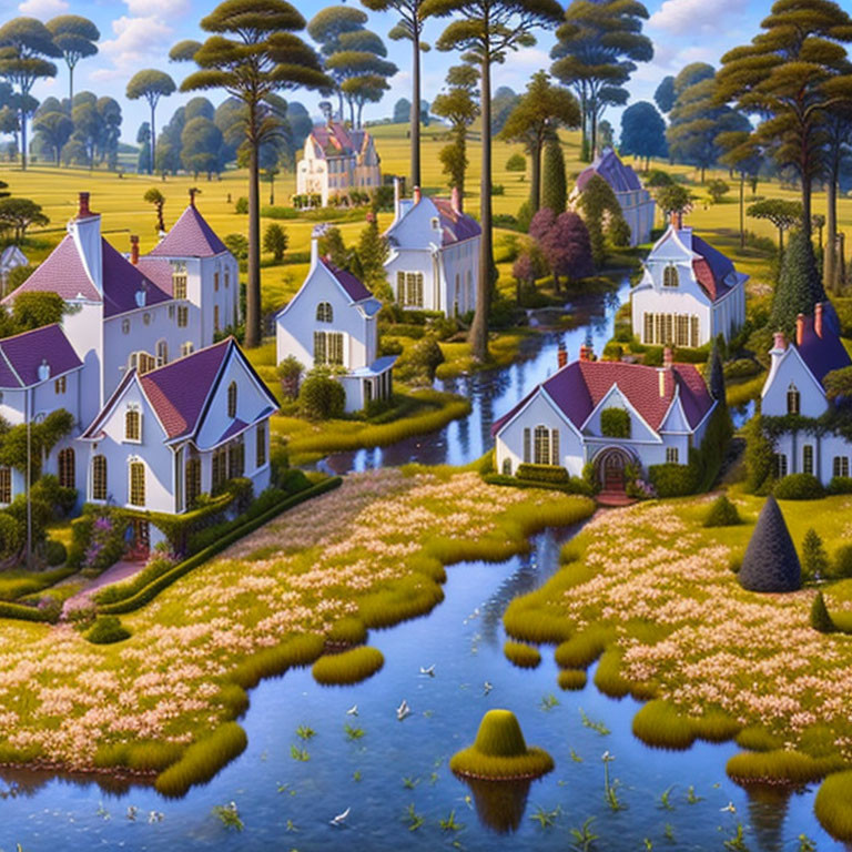 Scenic landscape with stylish houses, water channels, trees, and hedges