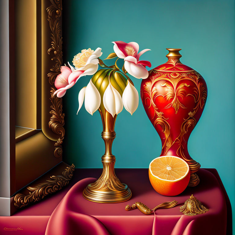 Still life painting: White flower, gold & red vases, sliced orange, gold cutlery