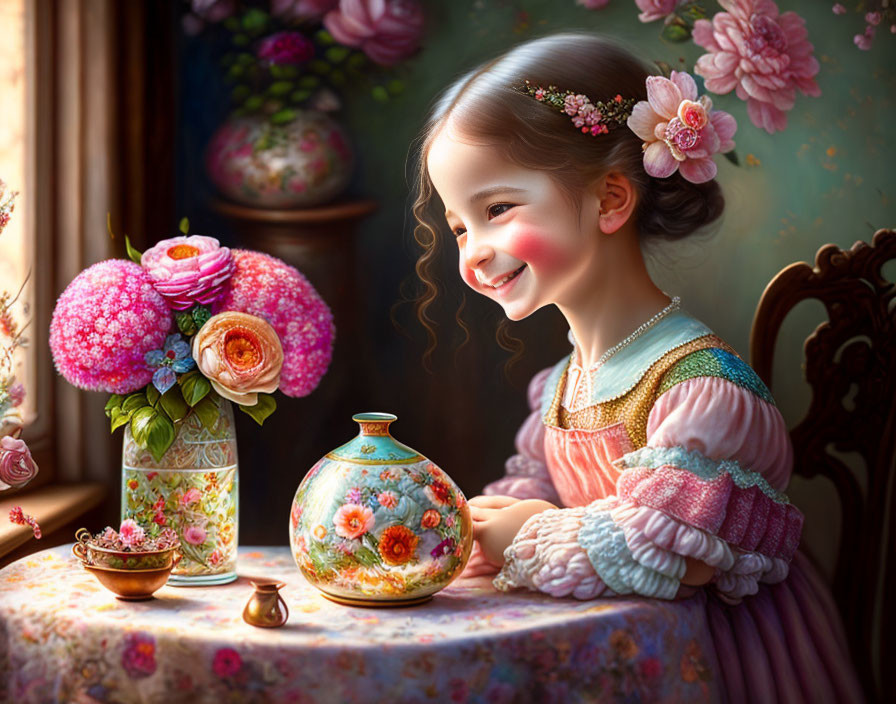 Smiling girl in vintage dress with flowers, peonies vase, ornate teapot, floral