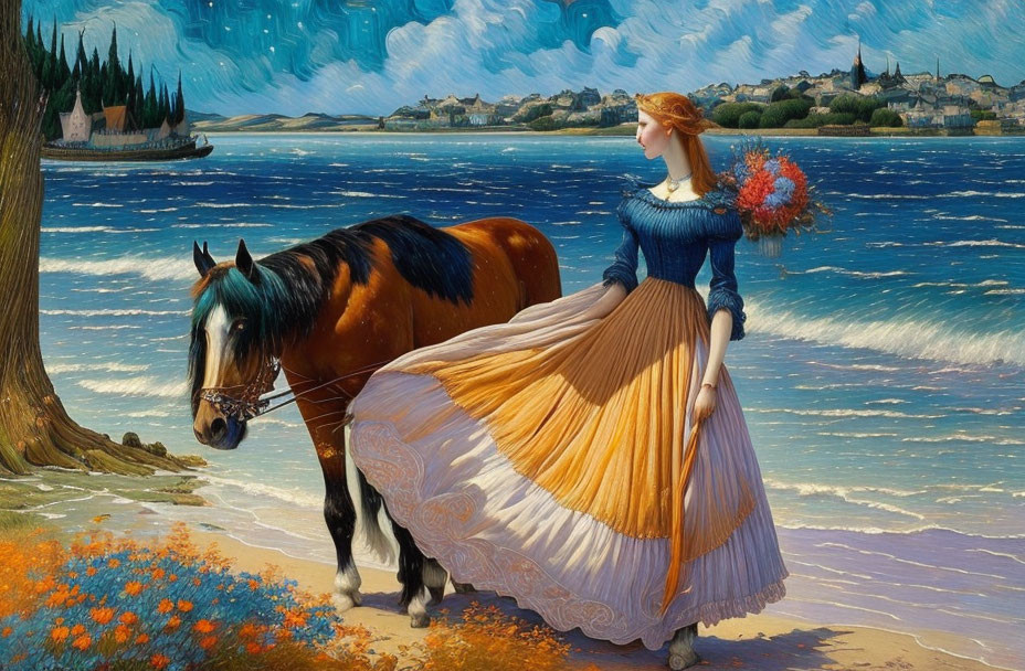 Woman in Blue and Cream Dress with Flowers Beside Horse on Vibrant Beach