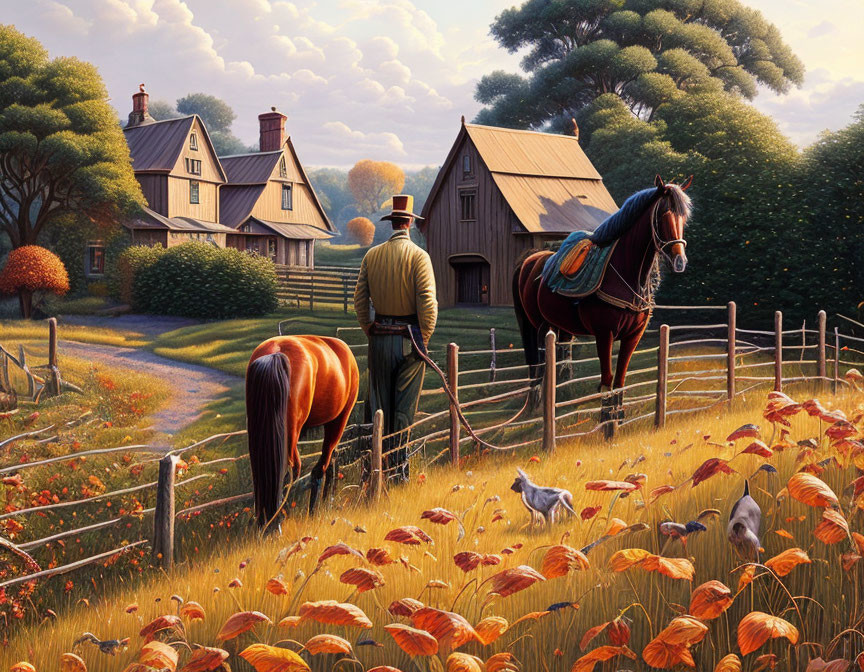 Tranquil farmland scene with person, horse, and wooden fence under warm light