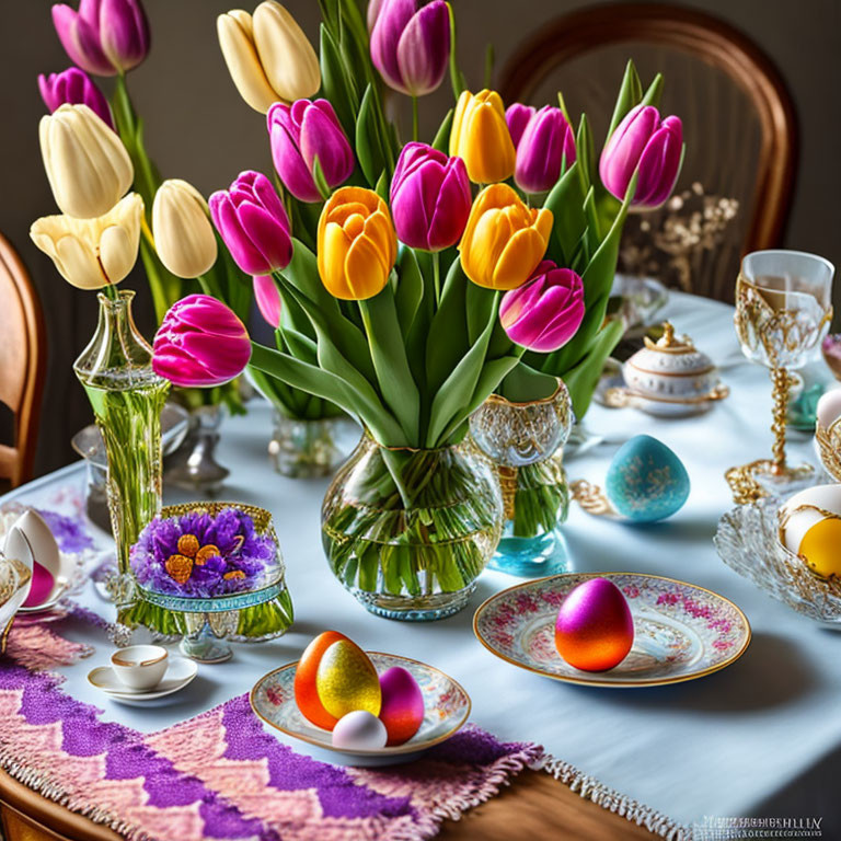 Sophisticated table setting with tulip bouquet, patterned plates, colored eggs, crystal glassware