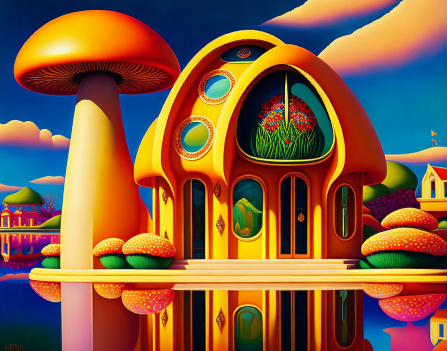 Colorful Surreal Mushroom-Shaped House Illustration with Whimsical Details