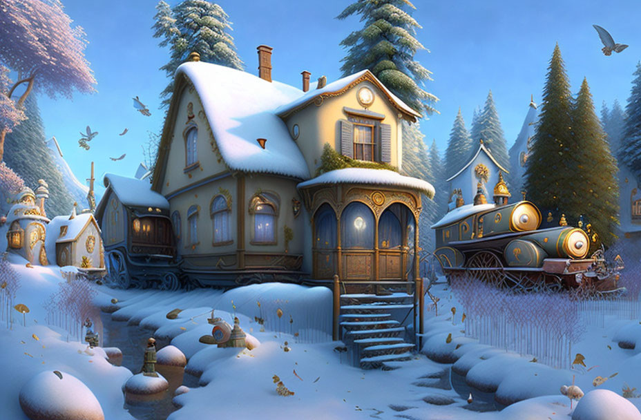 Snow-covered cottage and vintage steam train in serene wintry landscape