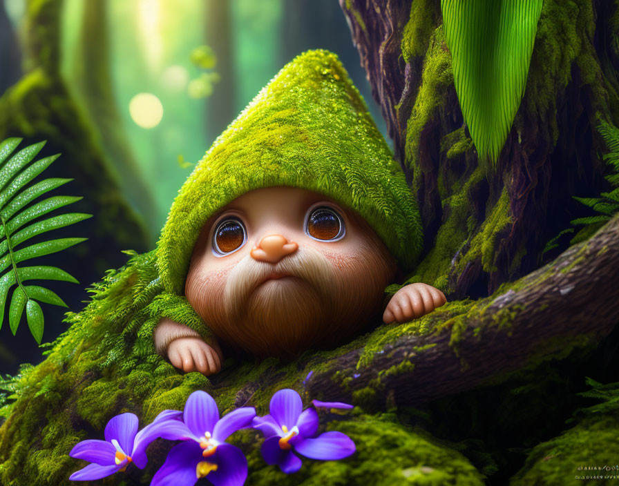 Whimsical character with green mossy hat in nature scene