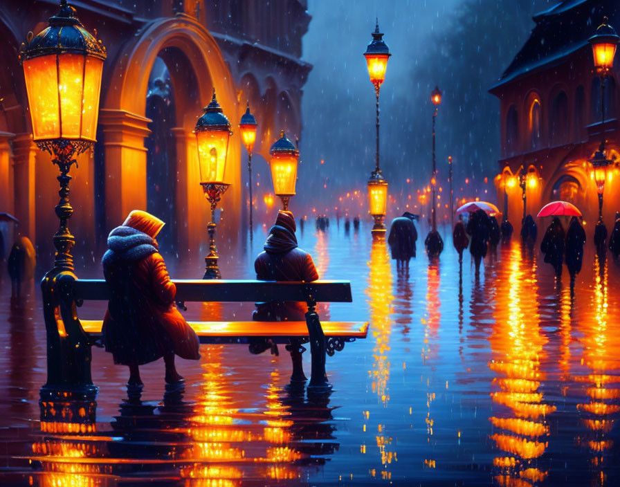 Rainy evening street scene with couple on bench and passersby with umbrellas