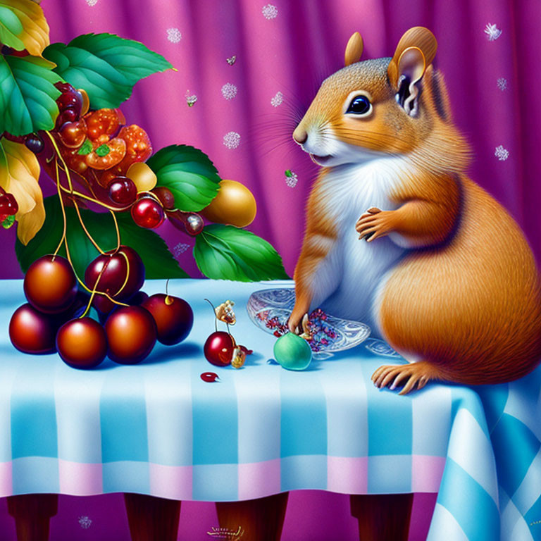 Plump squirrel on table with cherries and blue checkered cloth