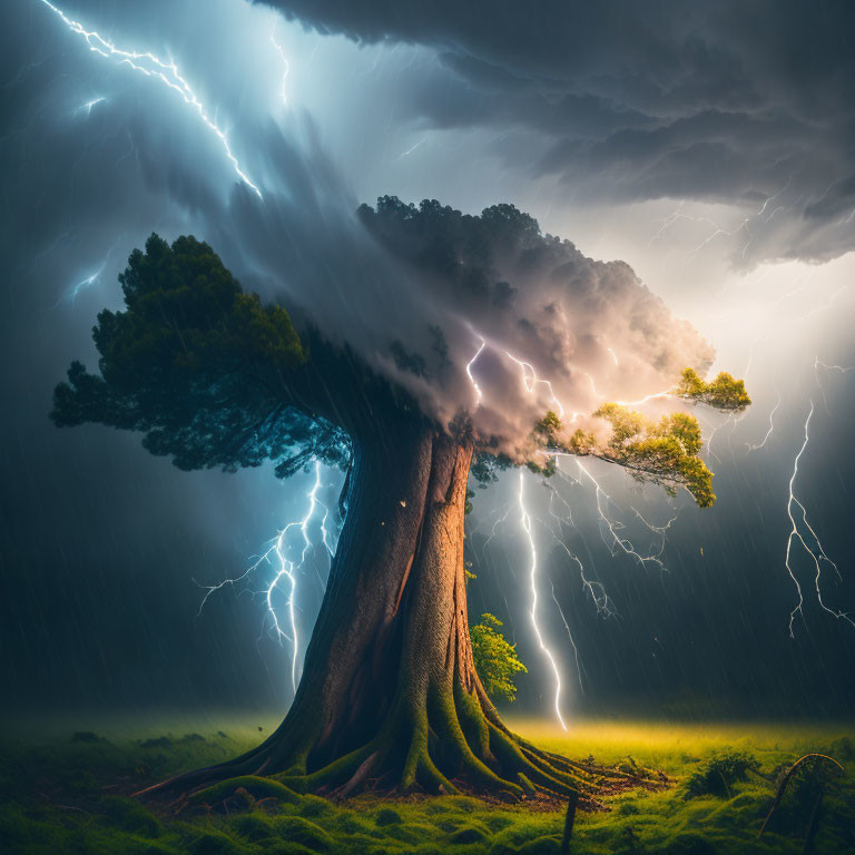 Majestic tree in thunderstorm with lightning bolts and rain