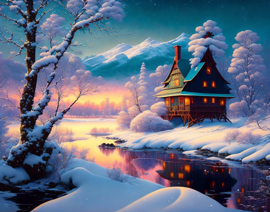 Snowy Winter Landscape: Cozy House by Lake at Dusk