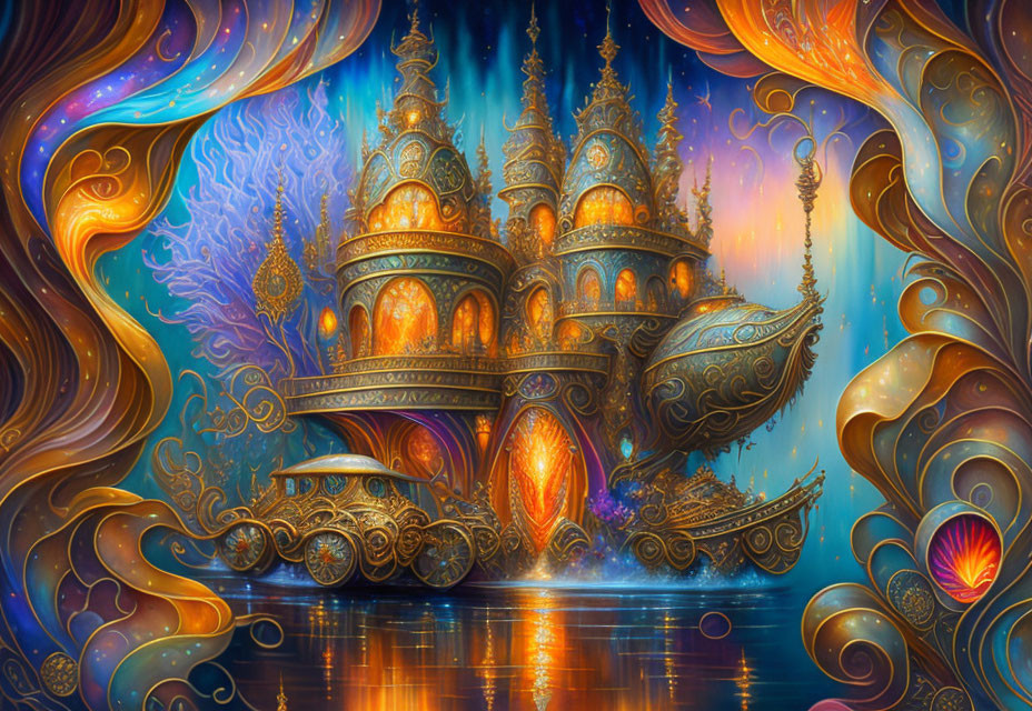 Fantasy artwork: Ornate golden palace amid cosmic energy