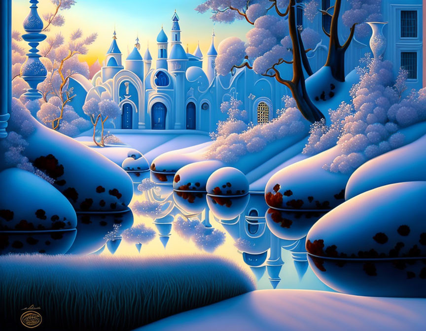 Fantastical winter landscape with blue castle, icy river, snow-covered trees, and ornate bushes