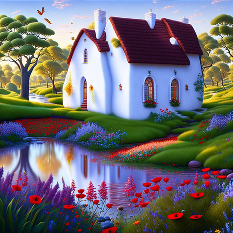 Whimsical cottage with white walls and red roof in flower-filled hills