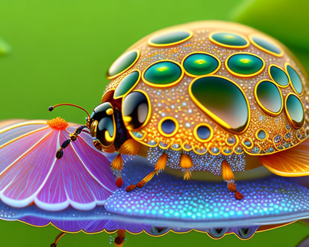 Colorful beetle digital artwork on vibrant flower against green background