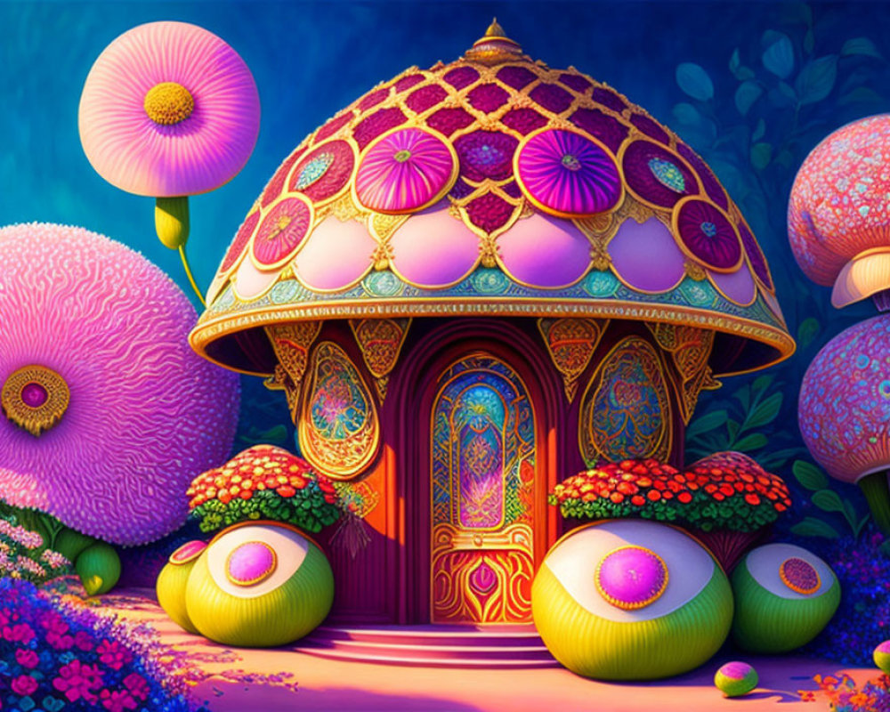 Colorful whimsical house with mushroom roof and oversized flowers