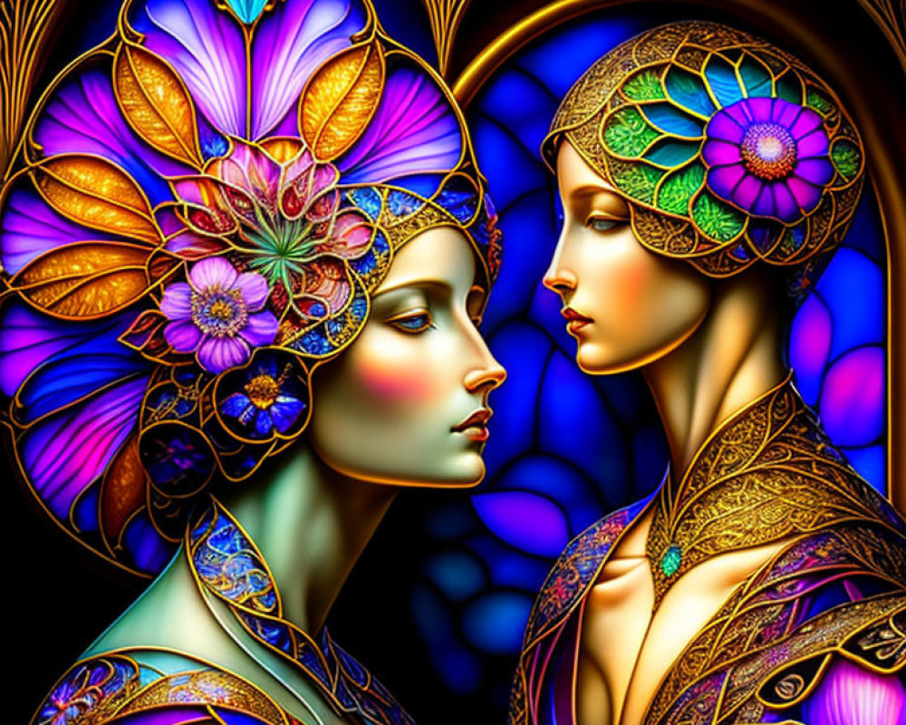 Stylized female figures with intricate headdresses in vibrant stained glass art.