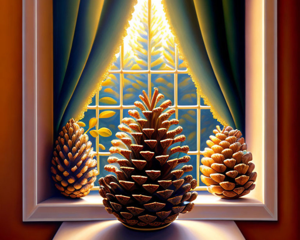 Sunlit pine cones casting shadows on windowsill