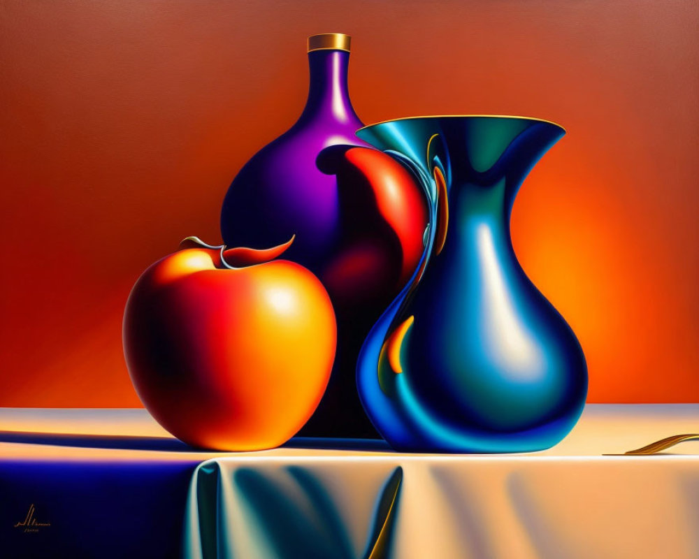 Vibrant red apple and glossy vases on reflective surface