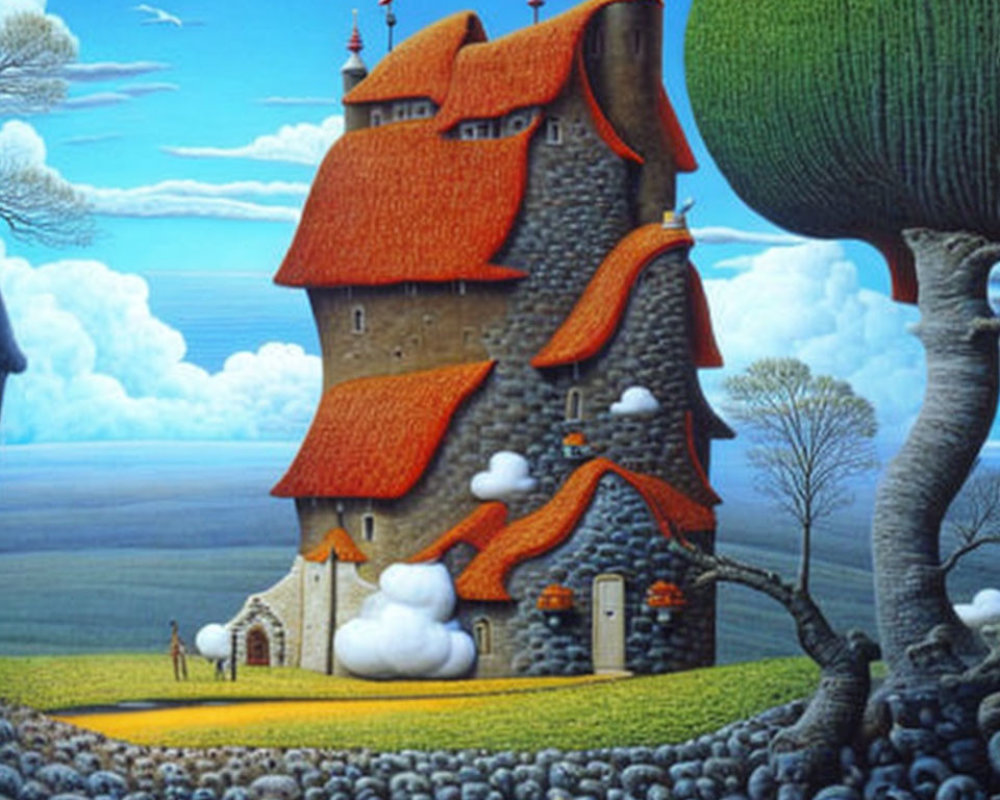 Exaggerated stone house in whimsical painting with multiple roofs nestled in scenic landscape.