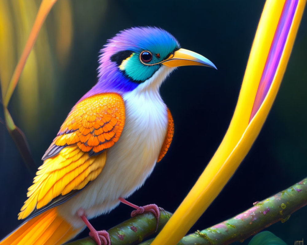 Colorful bird with blue, white, purple plumage, orange wings, and yellow tail on branch