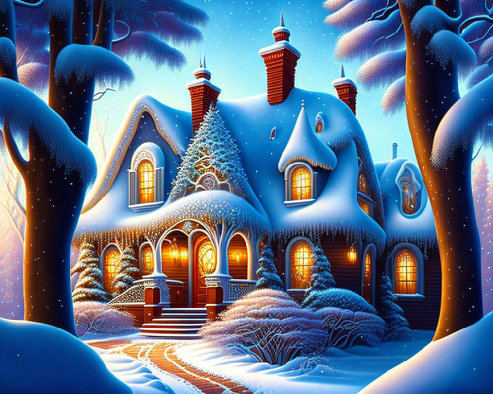 Snow-covered cottage in serene wintry forest scene at night