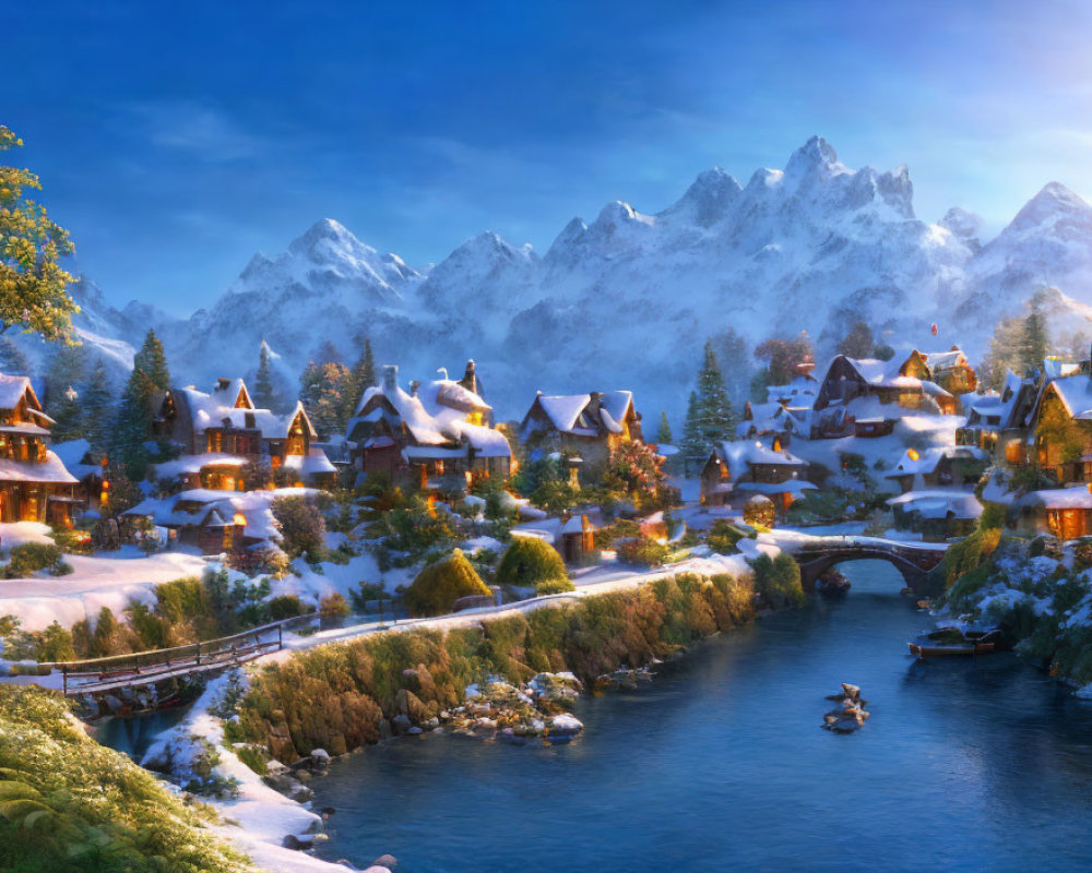 Snowy village with river, stone bridge, and mountains at sunrise.