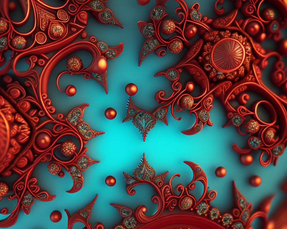 Intricate Copper-Colored Fractal Design on Teal Background