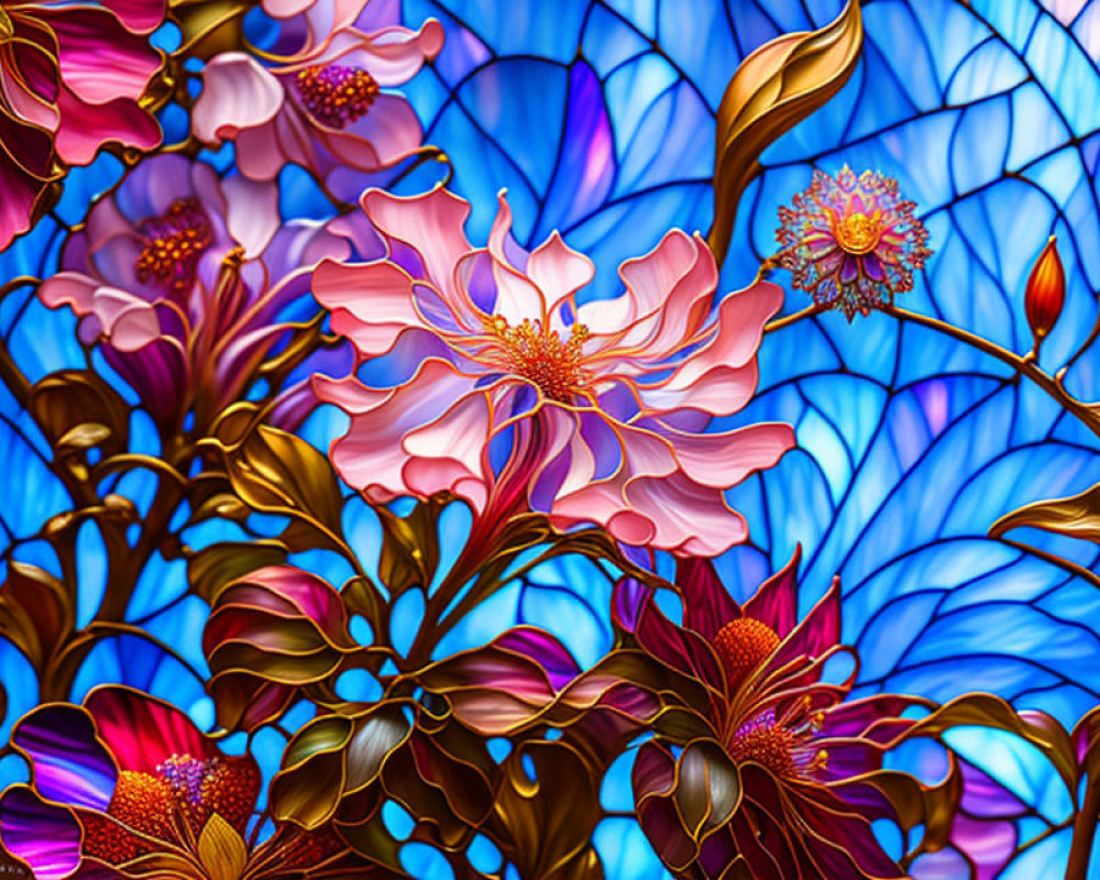 Colorful Digital Art: Stylized Pink Flowers on Blue Background