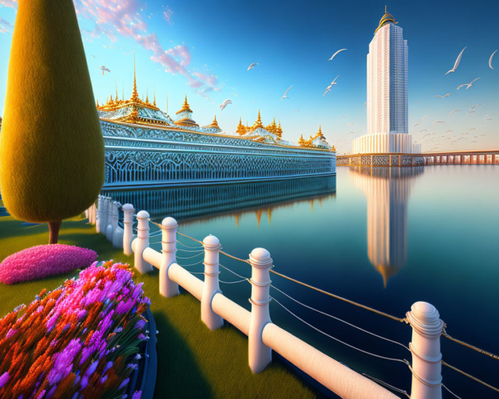 Fantastical landscape with golden temples, skyscraper, flora, and flying fish