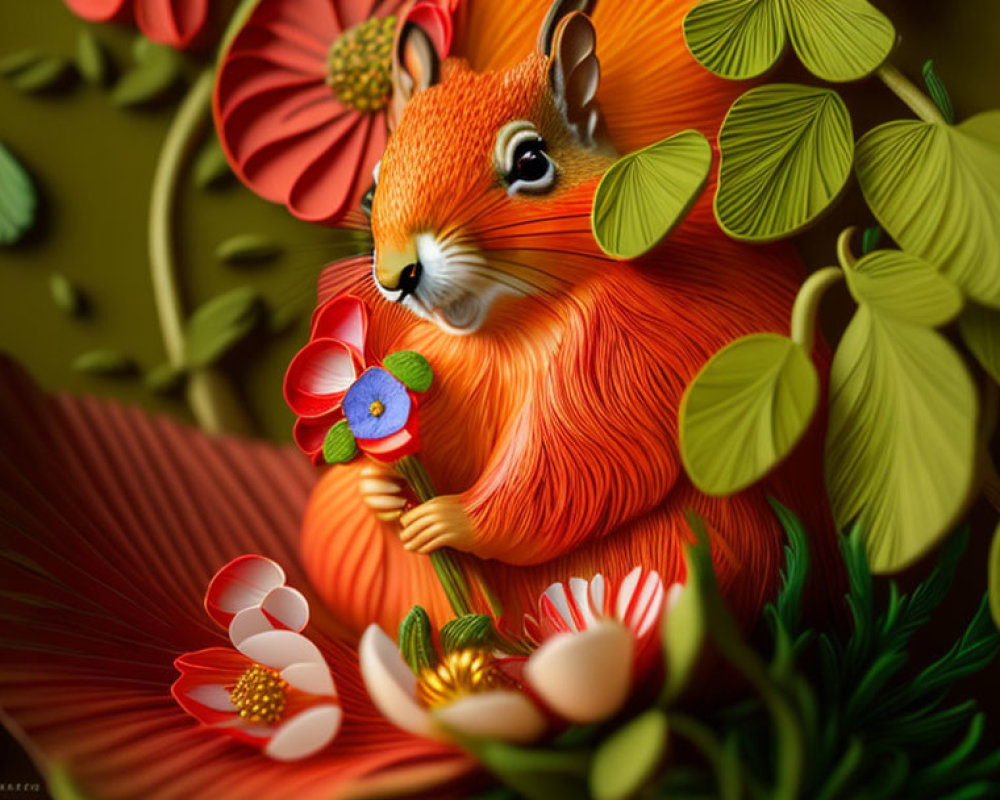 Colorful Illustration of Orange Squirrel in Nature Scene