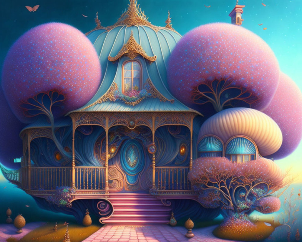 Colorful whimsical treehouse in starlit landscape