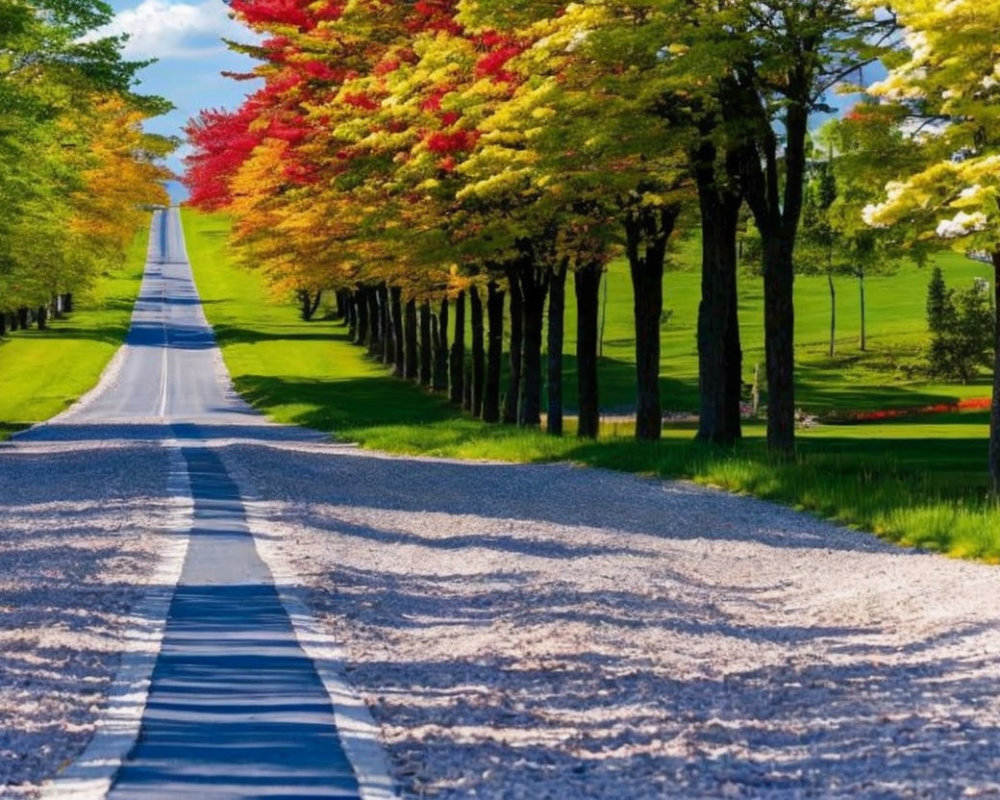 Vibrant autumn leaves on picturesque tree-lined road